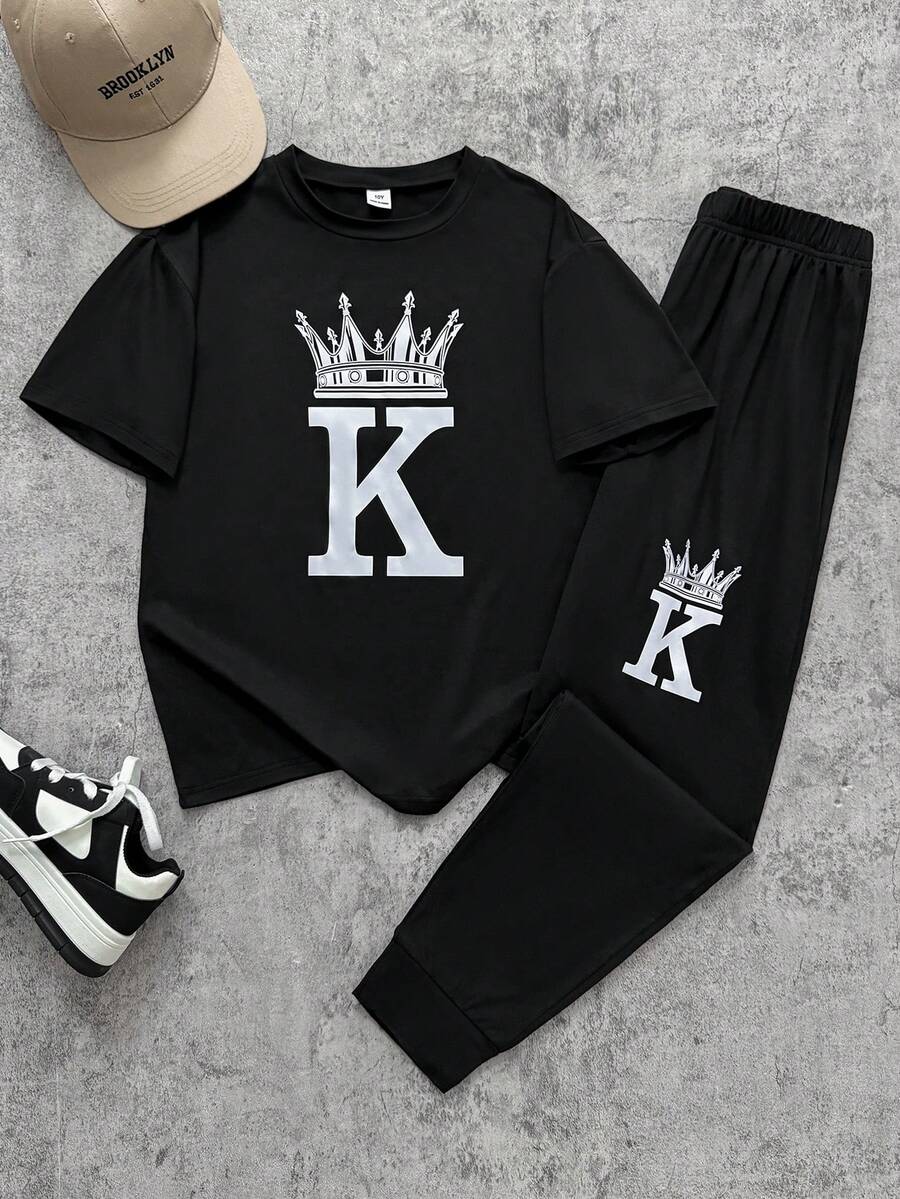 2pcs/Set Boys' Casual Minimalist Printed Short Sleeve T-Shirt And Knit Jogger Pants, Summer Outfit - Black - View 1
