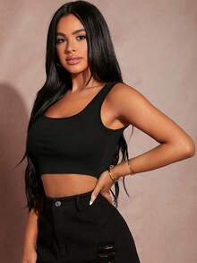 SHEIN SXY ملابس علوية نسائي قصير بلا أكمام واسع الحواف بلون صلب - الأسود - مشاهدة 3