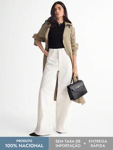SHEIN x Tata & Beatriz Daynim Calça Sarja Feminina Wide Leg Cintura Alta Off - Branco - Visão 1