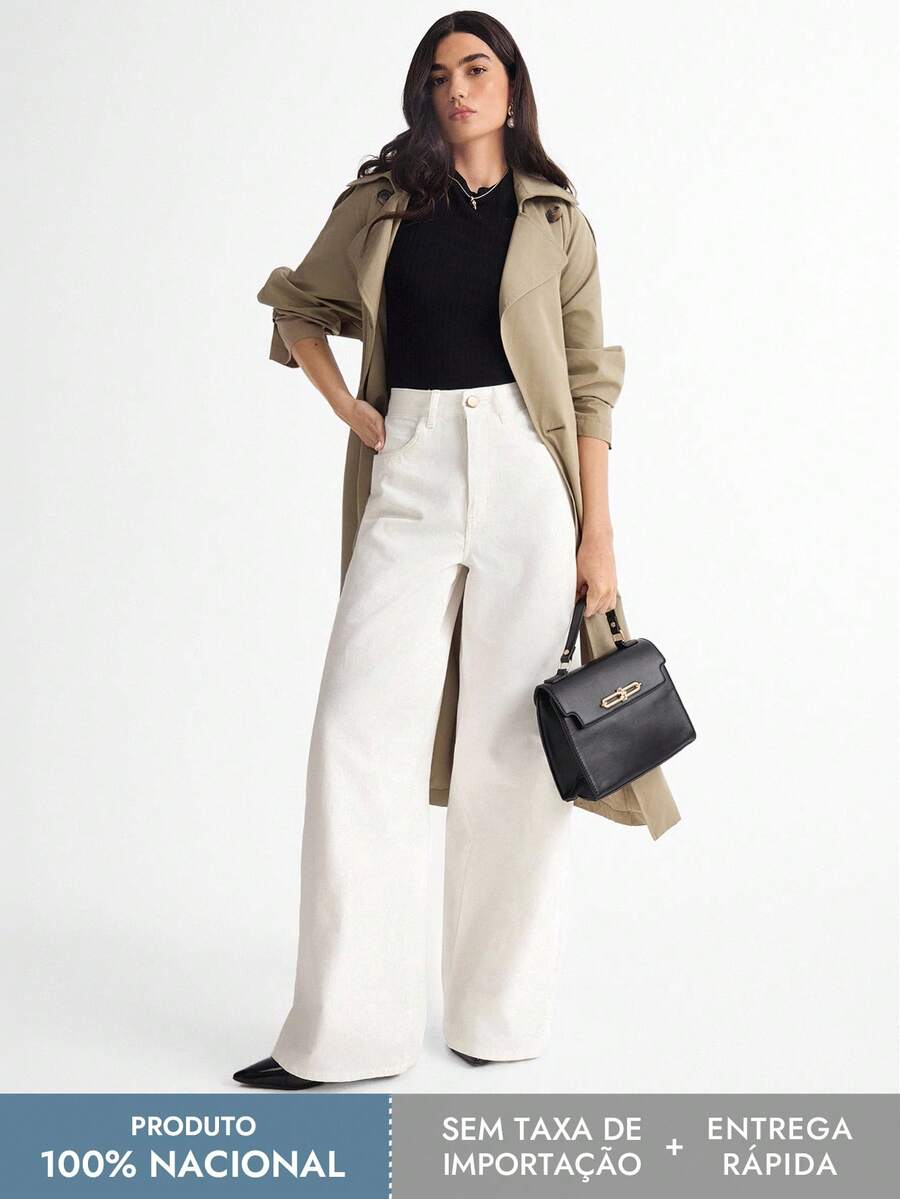 SHEIN x Tata & Beatriz Daynim Calça Sarja Feminina Wide Leg Cintura Alta Off - Branco - Visão 1