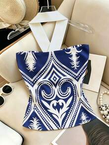 Franclia Women's Vacation Printed Halter Top Night Out Party White Summer Sexy - Multicolor - View 2