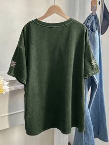 SHEIN EZwear 绿色加大码女式圆领落肩短袖雏菊夏季T恤 - 綠色 - 查看 2
