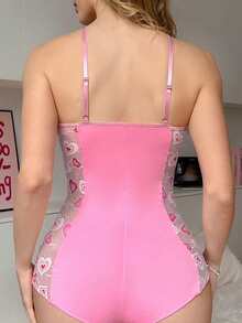 PetitDoll 1 pieza Mono de mujer de seda de leche y encaje con parches, dulce y lindo, ajuste ceñido - Rosa - Ver 10
