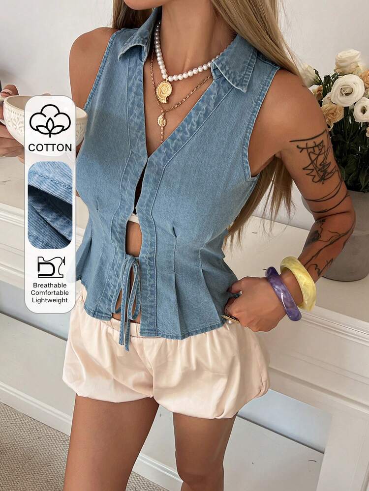 Women's Summer Lapel Sleeveless Open Front Tie-Up Casual Denim Blouse