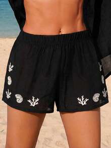 SHEIN Swim Chicsea Quần short nữ mùa hè in họa tiết, kiểu dáng thường ngày. - Đen và trắng - Xem 11