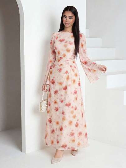 Veilorie Women's Floral Print Elegant Waist Cinched Party Dress