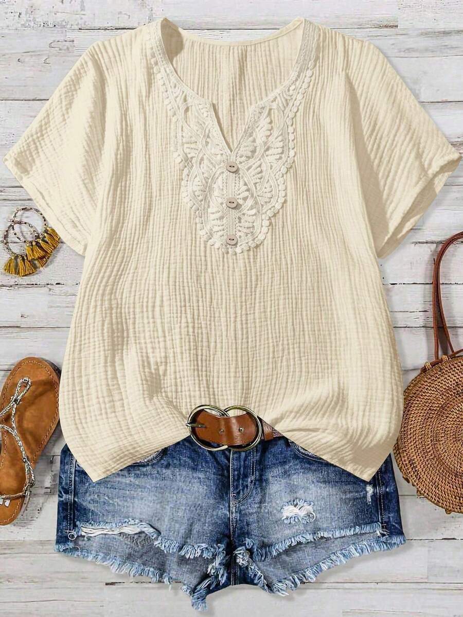 EMERY ROSE Women's Casual Floral Collar Short Sleeve Blouse - Apricot - View 1