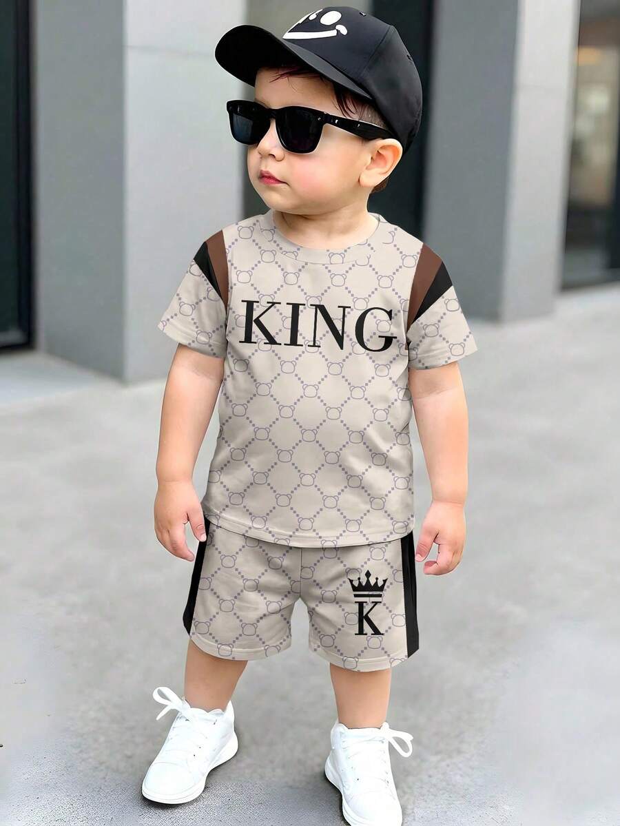SHEIN Young Boy Letter Print Round Neck Short Sleeve T-Shirt And Shorts Casual Minimalist Outfit, Suitable For Spring/Summer Daily Wear - Multicolor - View 1
