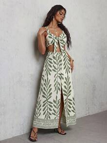 Bộ trang phục đi nghỉ mát gợi cảm dành cho nữ, áo croptop hai dây buộc phía trước và chân váy xẻ tà in hoa, thích hợp cho mùa xuân/hè. - Nhiều màu - Xem 5