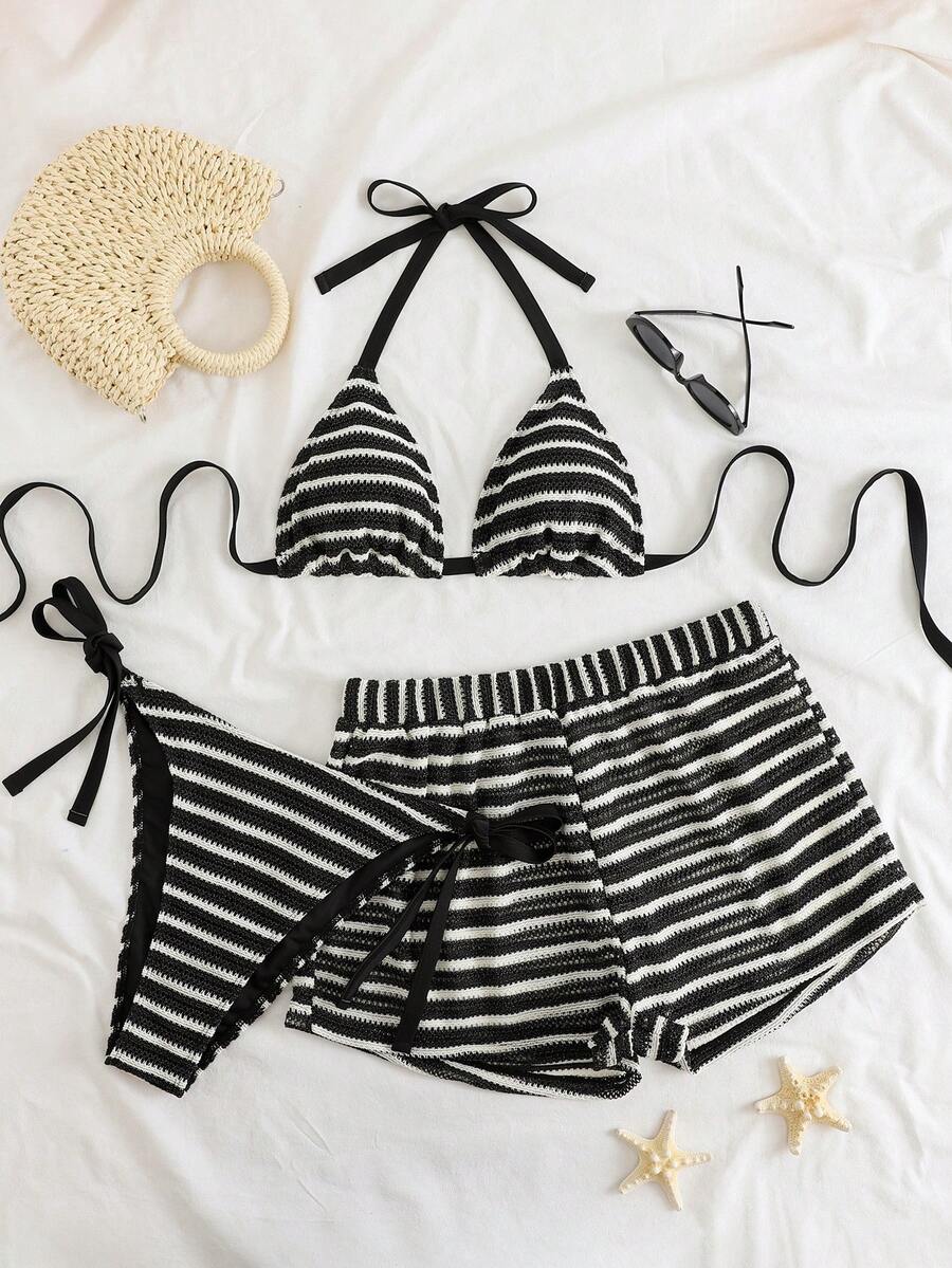 SHEIN Swim Curve Plus Size Women 3-Piece Swimwear Set, Colorful Striped Halter Tankini Top With Bottoms And Cover Up Pants, Sexy Beach Vacation Swimwear - Black - View 1