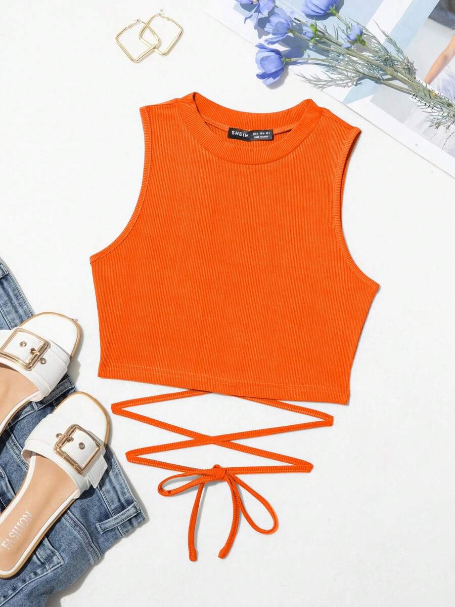 EMERY ROSE Áo hai dây đơn giản màu trơn cổ tròn không lưng buộc dây dành cho nữ, thích hợp cho mùa hè. - trái cam - Xem 1