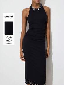 Gossip Girl X SHEIN SHEIN Maija Women's Rivet Decor Ruched Waist Elegant Midi Dress For Party Dinner Party Night And Occasion,Going Out Outfits,Black And White - Black - View 3