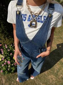 Women's V-Neck Urban Casual Denim Bib Pants And Jumpsuit - Medium Wash - View 3