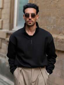 YOUESAWY YOUESAWY 1 pieza Sudadera holgada de media cremallera con cuello para hombre, unicolor y ligera - Negro - Ver 6