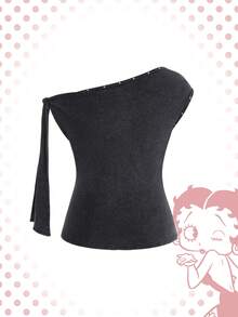 Betty Boop | ROMWE Y2K Baby Betty Graphic Rhinestone Washed Plus Size Asymmetrical Shoulder Top - Dark Grey - View 3