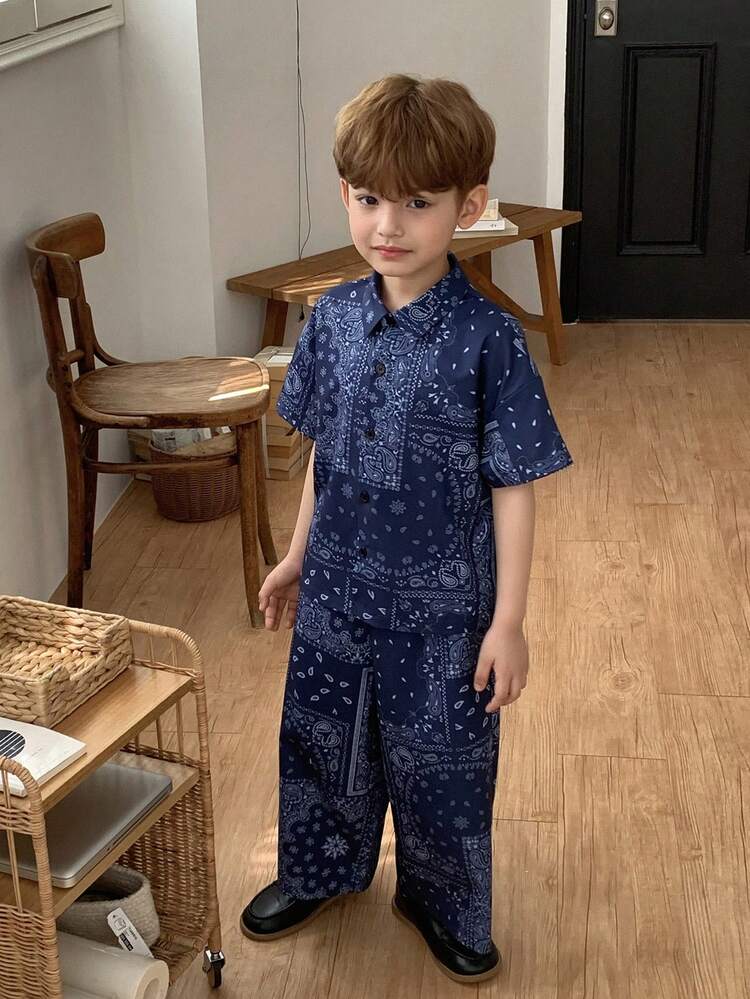 Loose Retro Print Shirt & T-Shirt Set For Young Boys