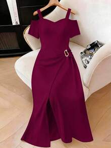 SHEIN Elenzya Đầm hè dáng rộng, màu trơn, trễ vai, chất liệu gân sọc, cỡ lớn. - Màu Đỏ Sâu - Xem 1