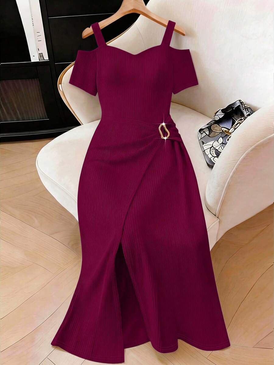 SHEIN Elenzya Đầm hè dáng rộng, màu trơn, trễ vai, chất liệu gân sọc, cỡ lớn. - Màu Đỏ Sâu - Xem 1