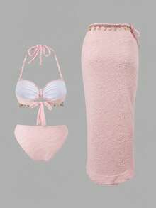Bonvoyette Women's 3 PiecesTextured Fabric Shell Trim Rope Decor Swimwear Set, For Beach & Holiday - Pink - View 2