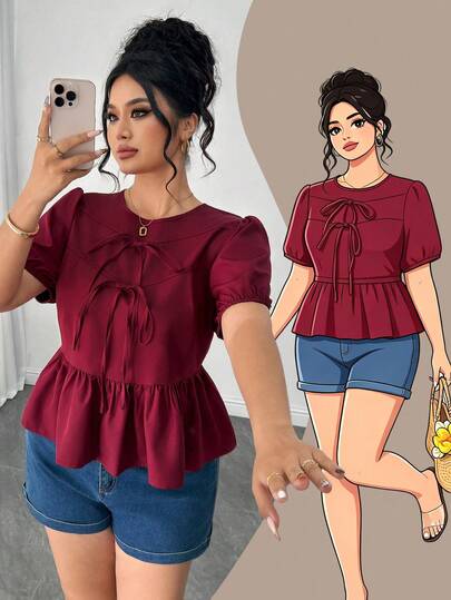 Elenzga Blusa de mujer talla grande de verano de unicolor con cuello redondo, manga abullonada, lazo delantero y bajo con volantes cortos