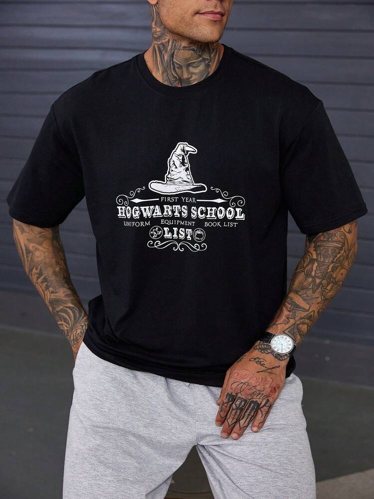 Black Round Neck Casual Letter Print Short Sleeve T-Shirt For Men, Summer