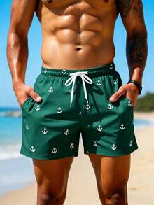 Manfinity KASUA Pantalones cortos de playa casuales estampados con cordón 2 en 1 para hombres, vacaciones - Verde Oscuro - Ver 6
