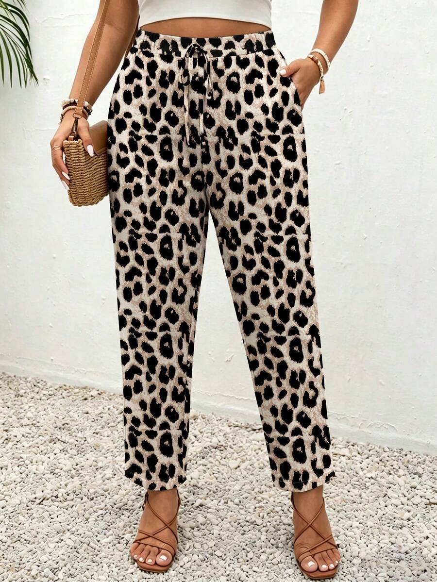 SHEIN Frenchy Quần dài cỡ lớn in họa tiết da báo kiểu dáng thường ngày - Nhiều màu - Xem 1
