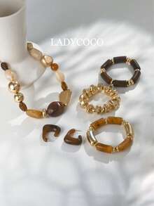LADYCOCO 6 件套复古波西米亚夸张树脂串珠项链和手链，适合女士 - 耳環/項鍊/手鍊套裝 - 查看 3