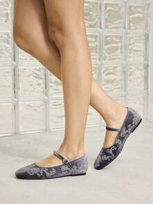 MOTF PREMIUM WOMEN'S RETRO ELEGANT EMBROIDERED VELVET ADJUSTABLE BUCKLE FLAT SHOES VALENTINE'S DAY - Grey - View 6