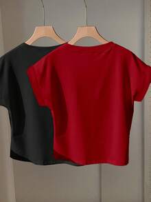 2 piezas de camisetas de manga corta con cuello redondo y hombros caídos, ligeramente transparentes, adecuadas para el verano - Multicolor 2 - Ver 2