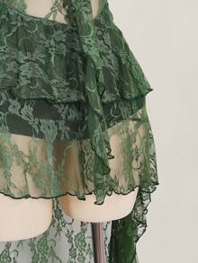 SHEIN ICON Plus Size Black V-Neck Ruffle Trim Short Front Long Back Slip Dress, Y2K Sexy Spaghetti Strap Ruffle Hem Dress - Army Green - View 9