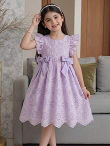 Elladie kids Đầm công chúa ngắn tay phồng cổ vuông màu xanh hải quân chấm bi rỗng cho bé gái mùa xuân/hè, eo thắt, dáng xòe rộng, trang trí nơ (thích hợp mặc đi chơi hàng ngày/dự tiệc sinh nhật/đi học), đầm chữ A xòe đáng yêu trang trí nơ. - Màu tím hoa cà - Xem 6