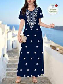 Al Najma Navy Blue Elegant Lady V-Neck Spring/Summer Knit Short Sleeve Floral Print Dress, Can Be Worn As Outerwear Or Undershirt/Work Dress, Suitable For Dates, Vacations, Daily Wear, Casual, Parties, Festivals, Maxi Dress, Spring/Summer Women's Long Dress, Flowing Maxi Dress, Floral Long Dress, Navy Blue Dress - Navy Blue - View 3