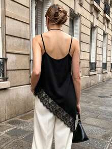 SHEIN PariChic Black Elegant Sexy Lace Trim Camisole Top For Women Graceful Vacation Date Night Night Out Summer - Black - View 2