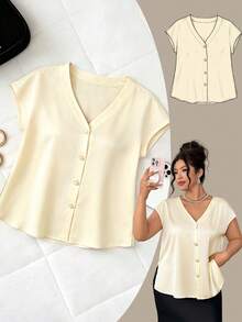 Elenzga Áo sơ mi satin cỡ lớn dành cho nữ, tay áo kiểu cánh dơi, cổ chữ V, thanh lịch và đa năng, thích hợp cho các bữa tiệc, tiệc trà chiều hoặc đi làm. - Màu be - Xem 1