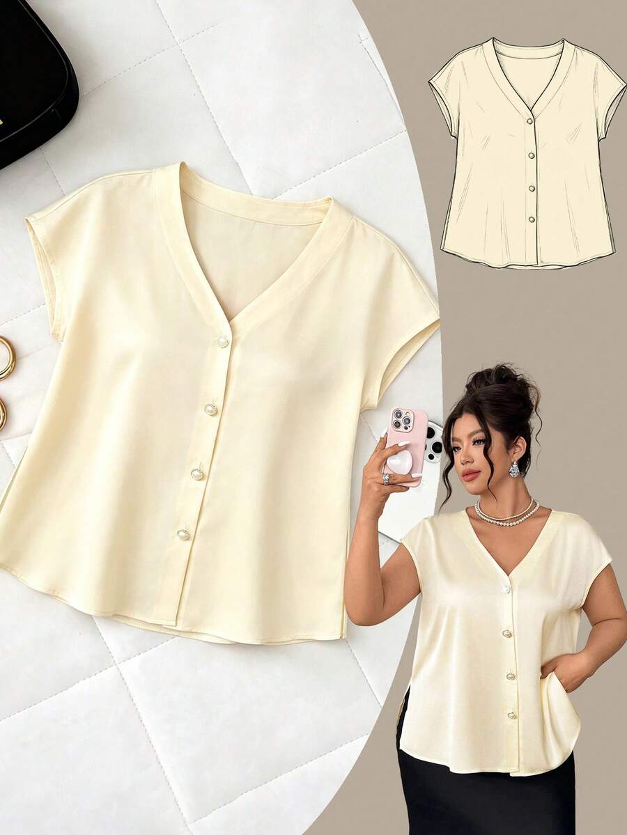 Elenzga Áo sơ mi satin cỡ lớn dành cho nữ, tay áo kiểu cánh dơi, cổ chữ V, thanh lịch và đa năng, thích hợp cho các bữa tiệc, tiệc trà chiều hoặc đi làm. - Màu be - Xem 1