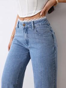SHEIN Tall Quần jean ống rộng cạp cao kẻ sọc dọc dành cho nữ, trang phục thường ngày thanh lịch và thoải mái cho mùa hè. Quần jean ống rộng kẻ sọc màu đen thời trang công sở, cạp ren thanh lịch với chi tiết phối ghép, thích hợp cho mùa hè. - Màu xanh nhạt - Xem 7