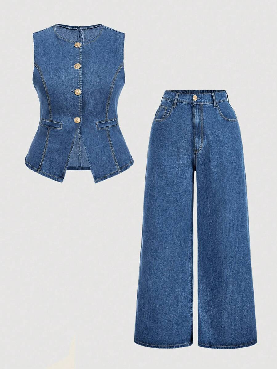 SHEIN MOD Plus Size Women's Denim Vest & Pants 2 Pieces Set - Medium Wash - View 1