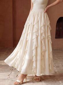 High-Quality Standard Size Women's Elegant Flowy Ruffled Skirt, Elastic Waist Asymmetrical Hem Slimming Commute & Vacation Skirt, Spring To Summer - Apricot - View 7