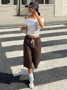 Muchica 春夏新款休闲外出日常穿搭，适合派对、音乐节、返校、毕业典礼、度假、街头风、休闲、探索、城市漫步等多种场合，可外穿或内搭，弹性腰带，抽绳设计，粉色豹纹印花，卫衣面料，七分短裤，咖啡棕色加大码短裤 - 咖啡棕 - 查看 3
