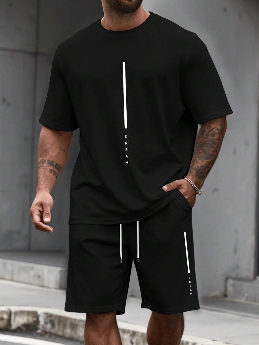 Manfinity Homme Plus Size Men's Casual Fashion Street Daily Commute Letter Print Short Sleeve T-Shirt And Drawstring Waist Shorts Set, Summer - Black - View 1
