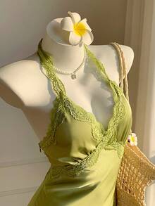 Comfortcana Vestido mini elegante y sexy de mujer con contraste de encaje y cuello halter, para verano - Verde - Ver 3