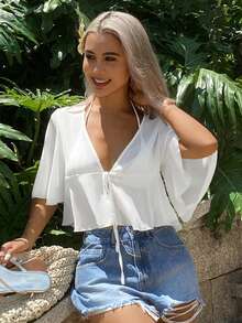 Livesso Women's Solid Color Knotted Deep V-Neck Chiffon Beach Cover-Up, Spring/Summer - White - View 5
