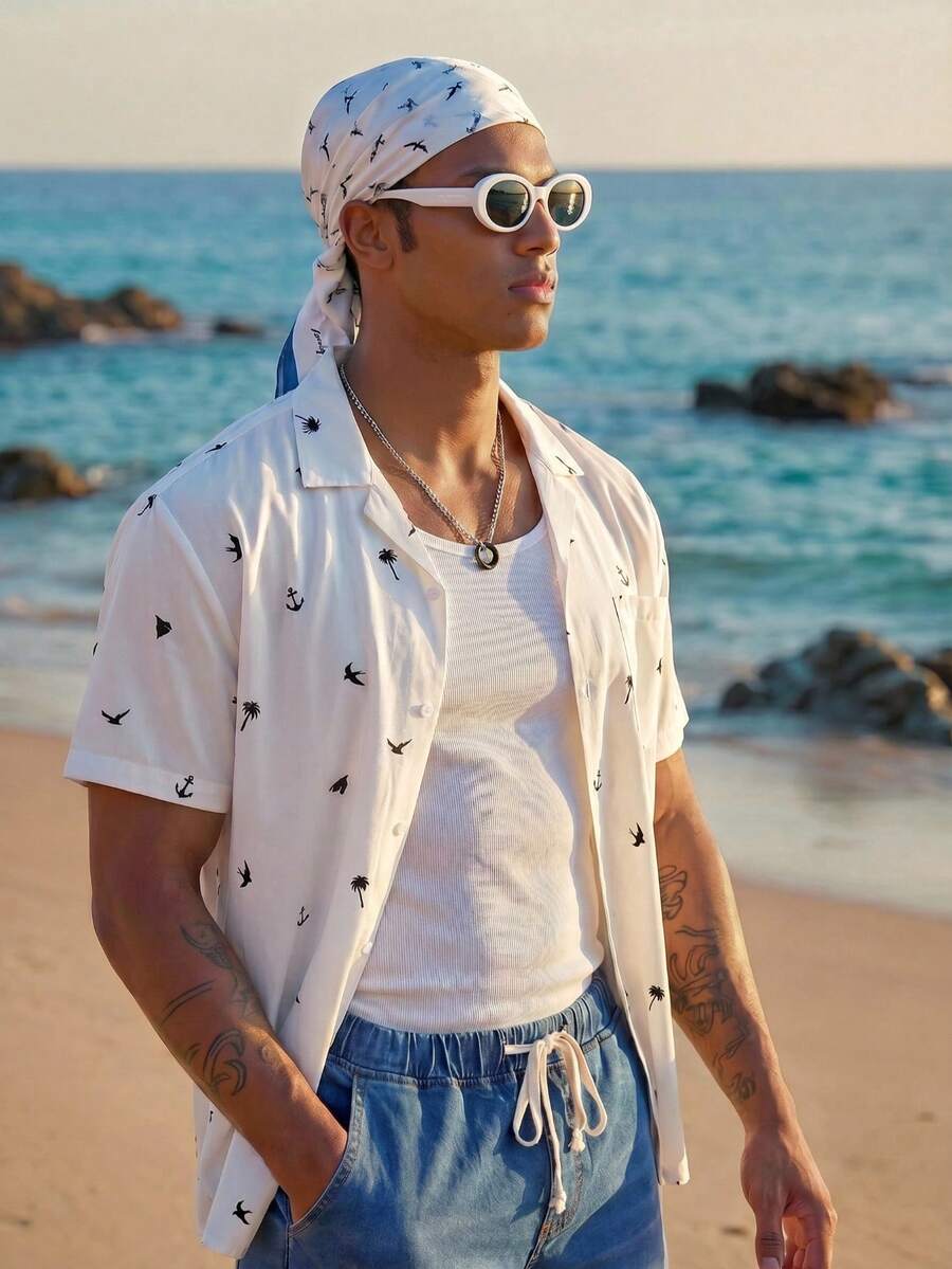 Manfinity EZcore Fashionable Casual Vacation Style Silhouette Print Short Sleeve Button-Down Slim Fit Shirt For Men, Plus Size, Suitable For Vacation, Outings, Dating, And As A Gift For Boyfriends - White - View 1