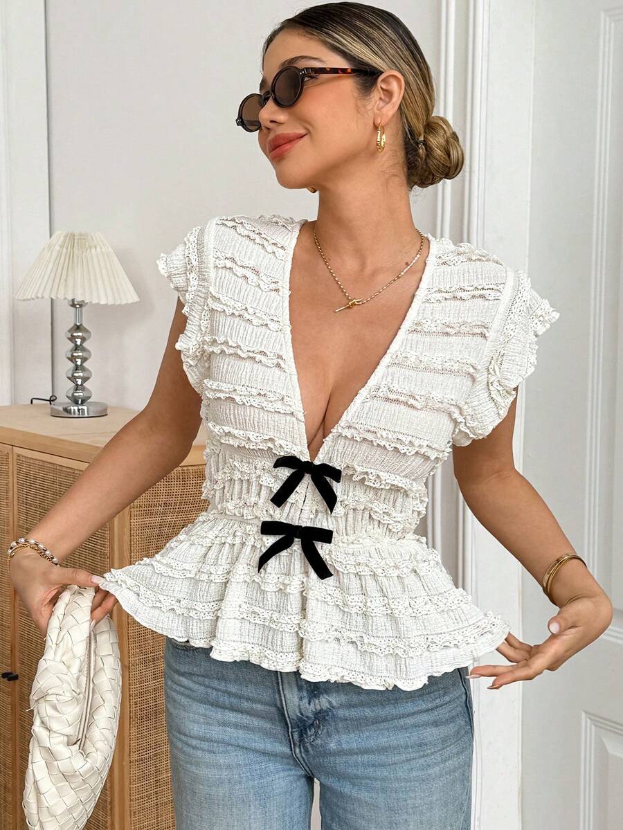 Elyressa Bestselling V-Neck White Knit Top With Textured Horizontal Stripes, Bowknot Decor, Fitted Waist, Flutter Sleeves, Casual Cute Work Vacation Summer - Apricot - View 1