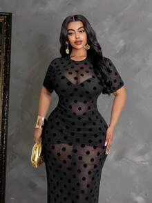 Maweii Knitted Mesh Transparent Flocked Polka Dot Plus Size Dress - Black - View 3
