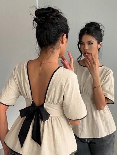 Siren Gaze Women's Contrast Trim Bow Decor Round Neck Backless Short Sleeve Blouse