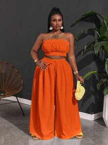 Slaydiva Women's Plus Size Ruffle Trim Cami Top & Paperbag Waist Wide Leg Pants - Orange - View 7