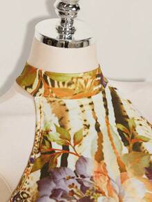 SHEIN ICON Plus Size Y2K 90s Summer Going Out Vacation Boho Western Country Concert Women's Sexy Backless Floral Print Halter Neck Top, Summer Beige - Yellow - View 3