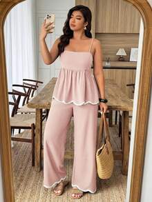 Weeklong Plus Size Women's 2 Pieces Wave Heart Ribbon Contrast Color Linen-Like Casual Commuter Suit, Spring/Summer - Pink - View 3